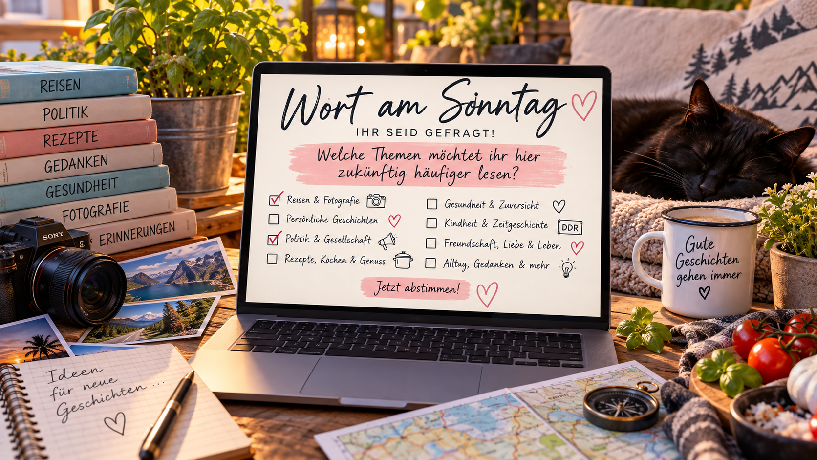 Laptop mit Leserumfrage zu Wort am Sonntag, umgeben von Kamera, Reiseutensilien, Kochzutaten und einer schwarzen Katze.