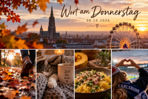Herbstcollage mit Ulmer Münster, Riesenrad, bunten Blättern, Katze, Tee und Spaghettikürbis