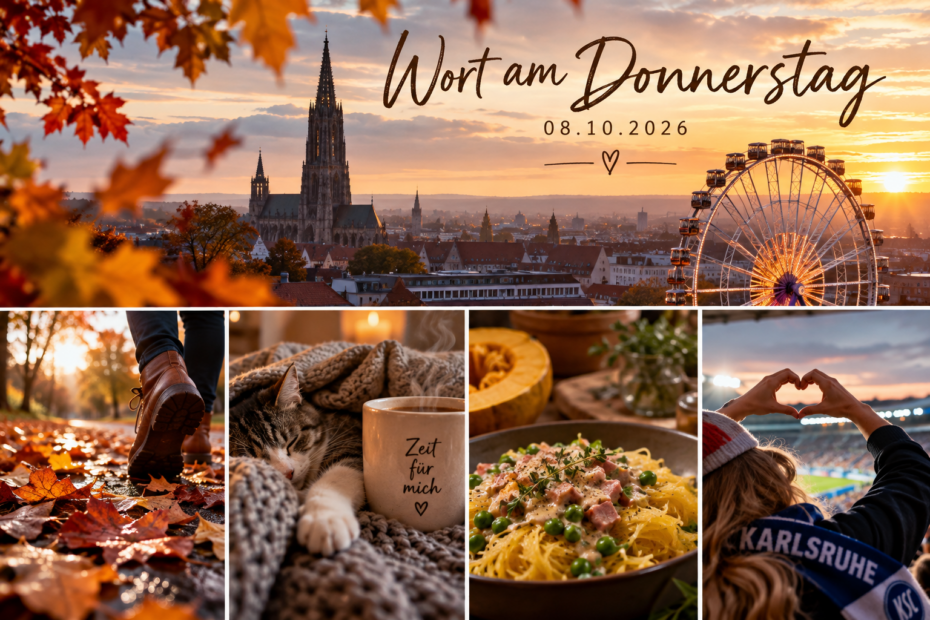 Herbstcollage mit Ulmer Münster, Riesenrad, bunten Blättern, Katze, Tee und Spaghettikürbis