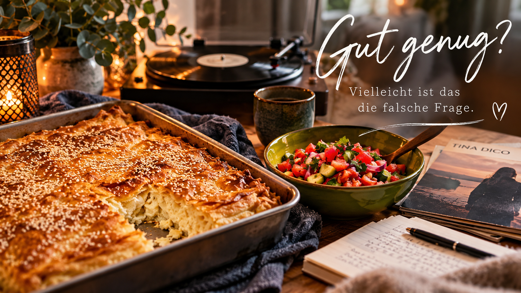 Gut genug? Vielleicht ist das die falsche Frage – Gibanica, Salat und Schallplatte auf einem gemütlichen Tisch